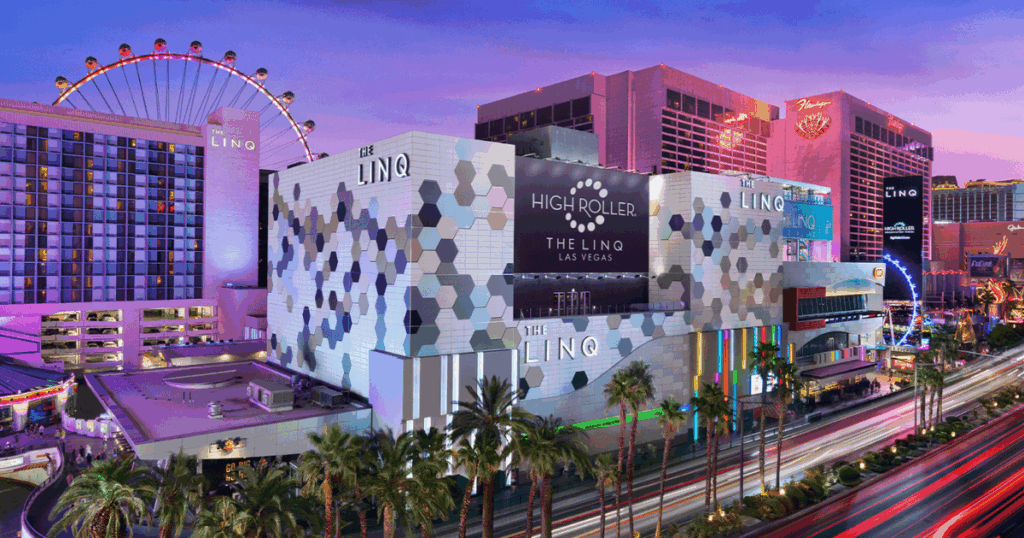 A view of The LINQ Hotel and Promenade in Las Vegas—home to must-visit restaurants like Hash House A Go Go.