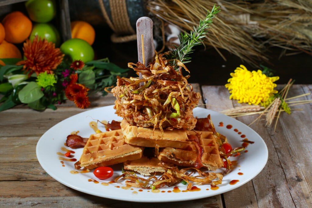Fried chicken and waffle tower at Hash House A Go Go at The LINQ on the strip!