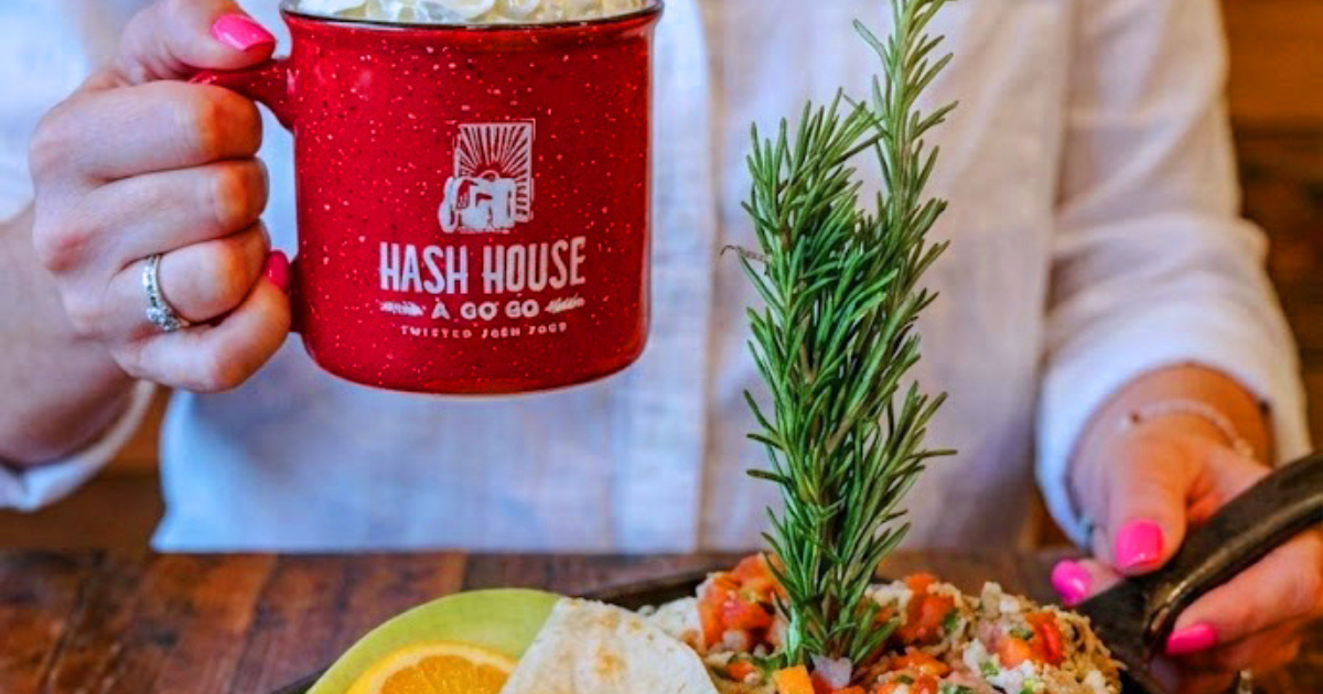 Hash House A Go Go at The LINQ coffee mug with twisted farm food breakfast dish dining on the Las Vegas Strip