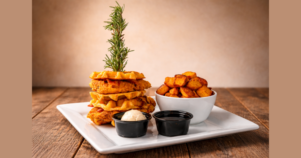 Chicken and waffle sandwich stack at Hash House A Go Go LINQ Las Vegas seasonal spring menu