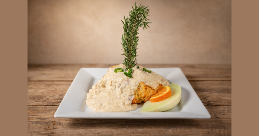 Jalapeno cheddar scones with gravy, a seasonal limited time only menu item at Hash House A Go Go LINQ Las Vegas
