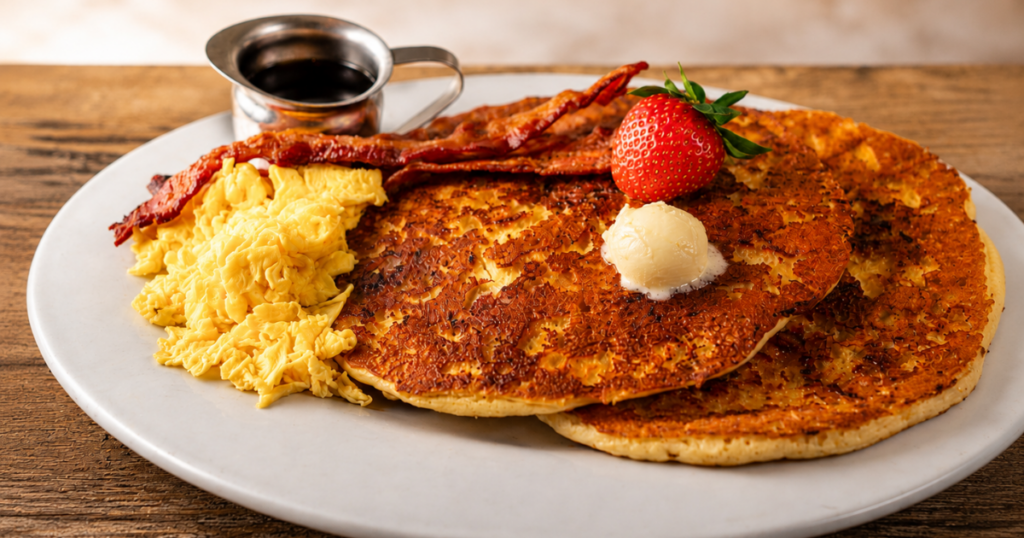 Brown Sugar Sausage Flapjacks with eggs and bacon at Hash House A Go Go restaurant Las Vegas at The LINQ on the Father's Day limited menu.