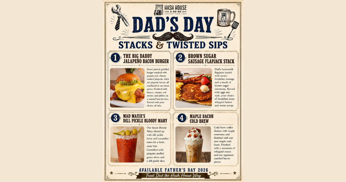Father’s Day menu graphic for Hash House A Go Go at The LINQ Las Vegas with brunch specials and twisted drinks