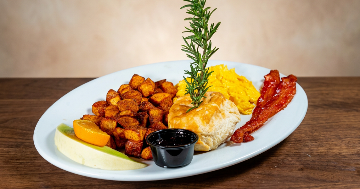 Classic breakfast with scrambled eggs, seasoned potatoes, biscuit, bacon and fruit at Hash House A Go Go at The LINQ Las Vegas