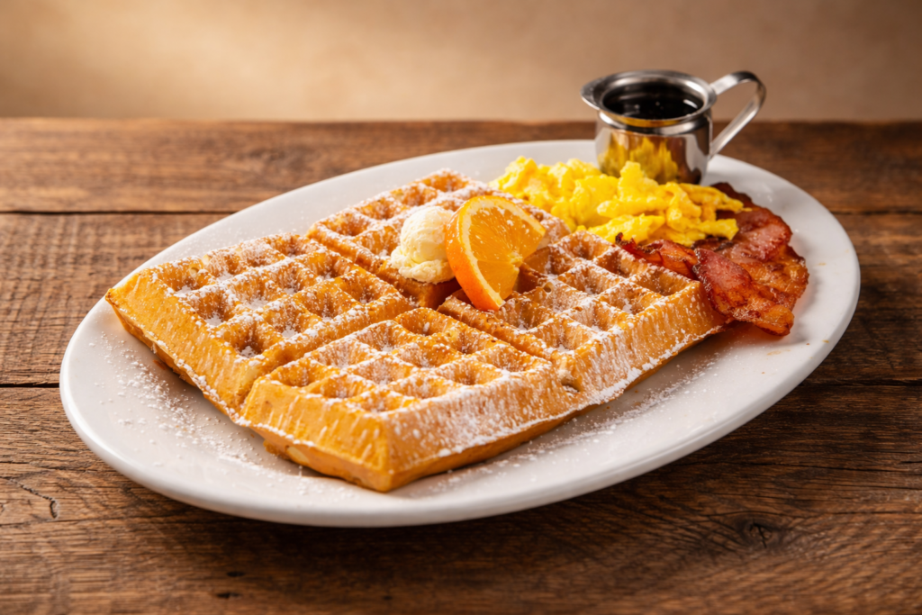 The best breakfast with our bacon-stuffed waffle combo at Hash House A Go Go with scrambled eggs, crispy bacon, butter, orange garnish, and syrup.